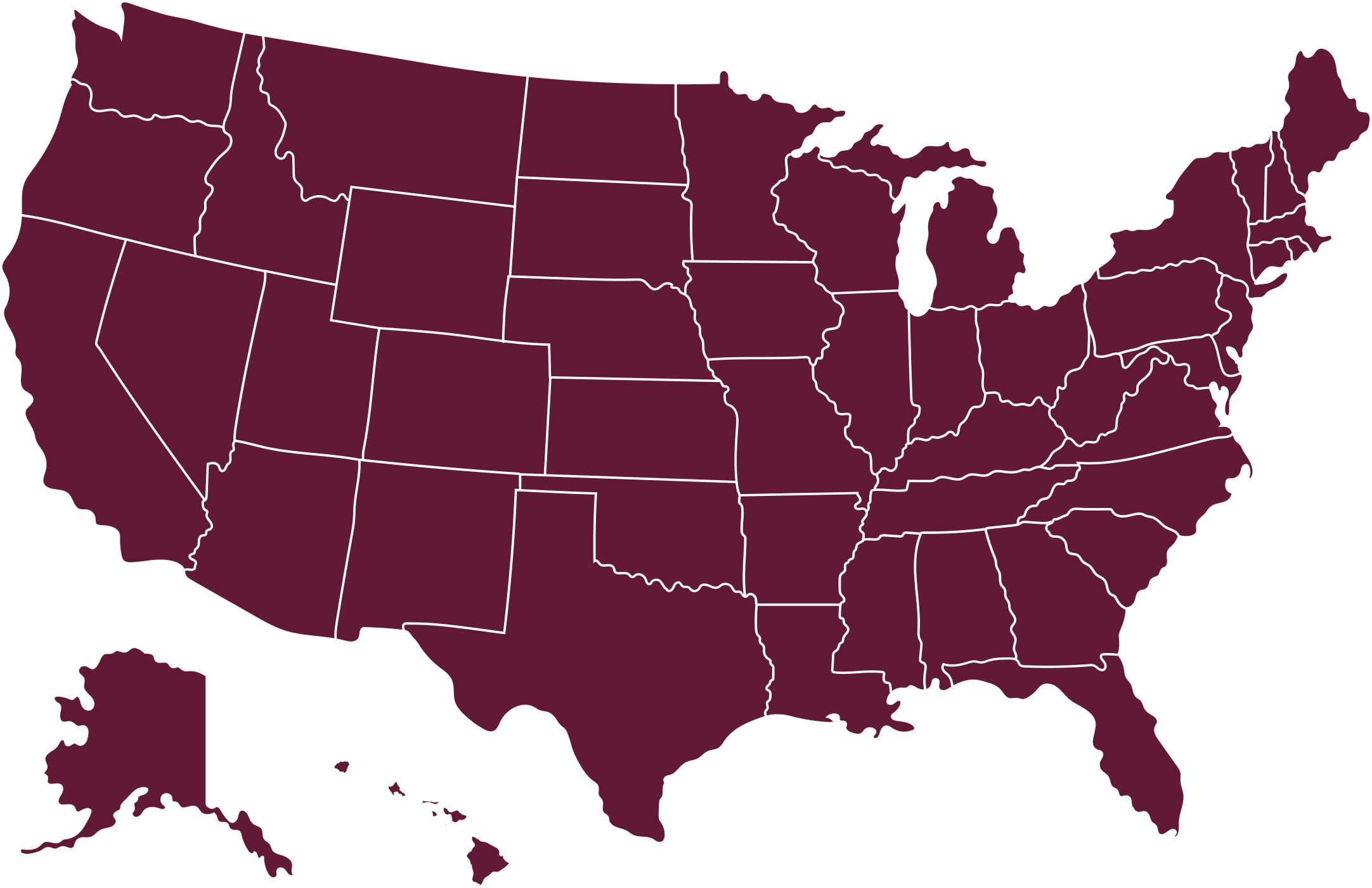 A map of the United States with all 50 states—including Alaska and Hawaii—highlighted in maroon, indicating nationwide licensing coverage.